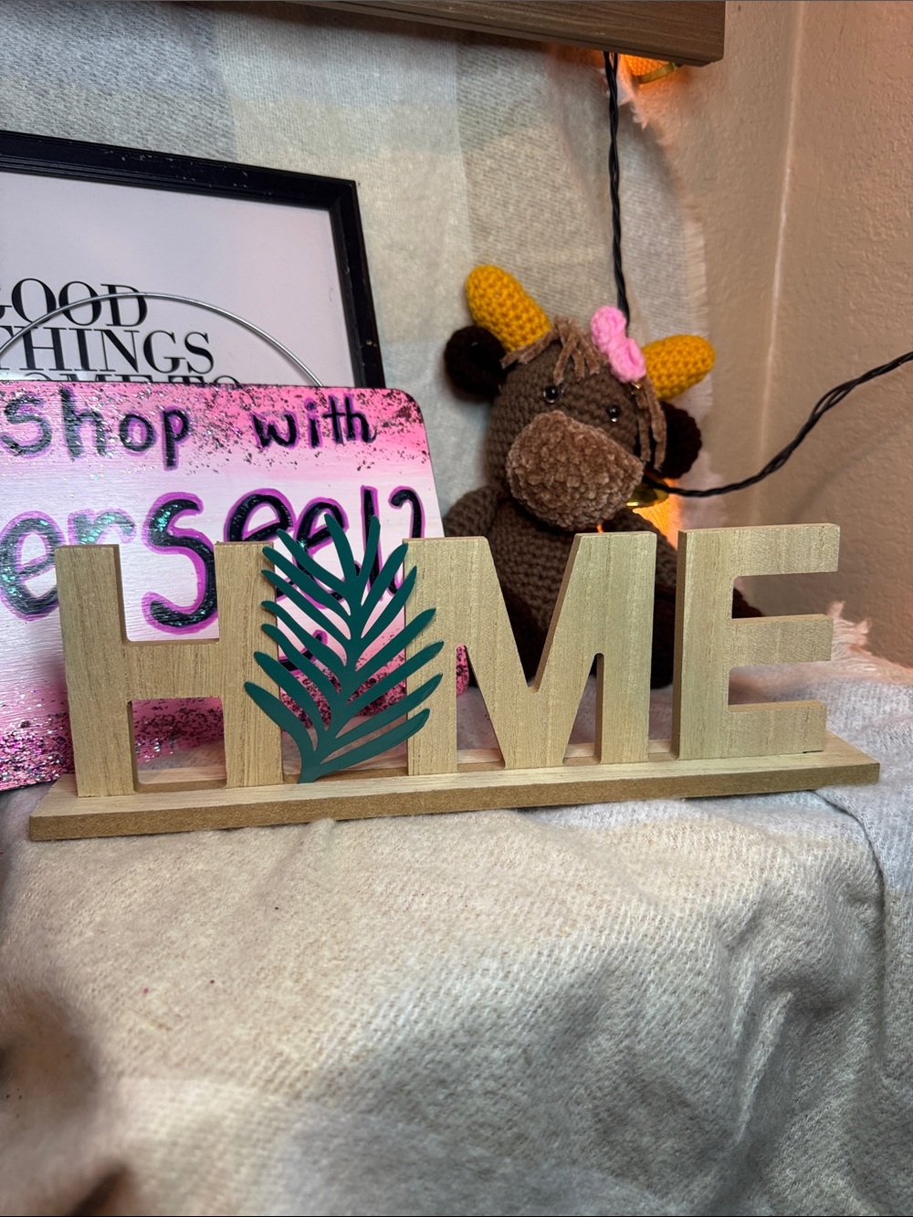 Source Unknown HOME Wooden Sign with Teal Leaf Accent